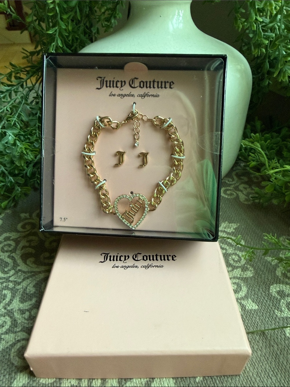 Juicy Couture Gold Tone Heart Charm Bracelet with J Stud Earrings